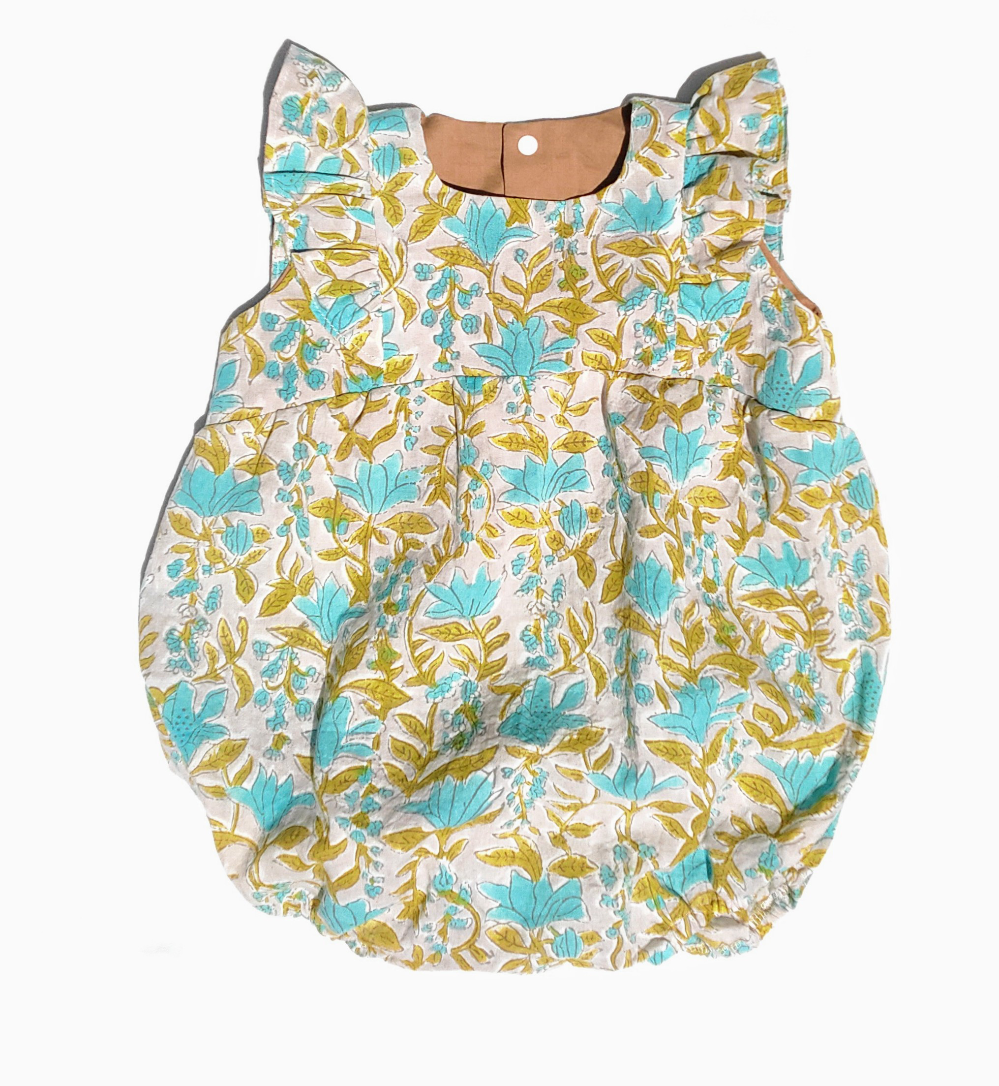 アクアブルーのお花の　ブロックプリントのフリルロンパース　サイズ70 80