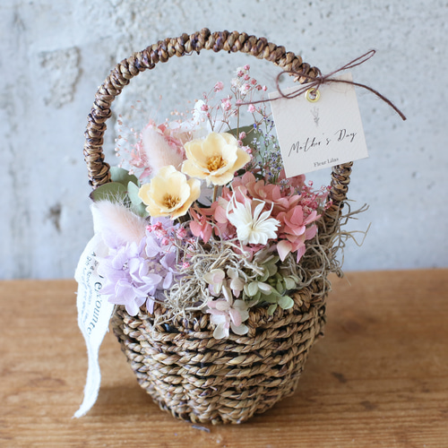 フラワーのバスケット （くすみピンク） ドライフラワー Fleur Lilas  
