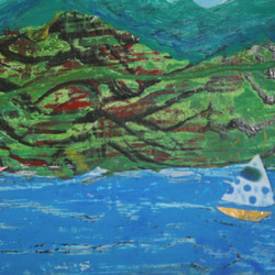 アクリル画～彩シリーズ（板絵、コラージュ）＜山並みとヨット１＞送料無料。 4枚目の画像
