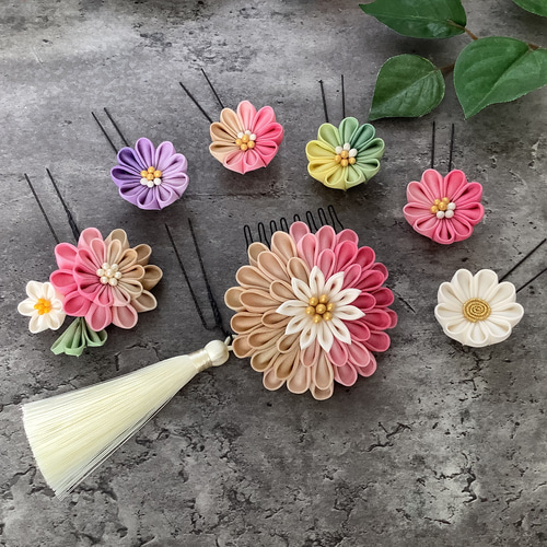 つまみ細工髪飾り シルク手染めグラデーション 成人式/結婚式/七五三  