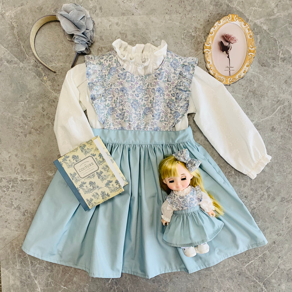 ハンドメイド子供服 リボン刺繍柄の重ね着風ワンピース