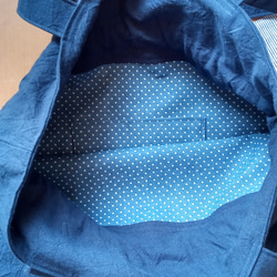 リボンの巾着トートバッグ／2wayバッグ(ネイビー・綿麻キャンバス　ハンドワッシャー) 11枚目の画像