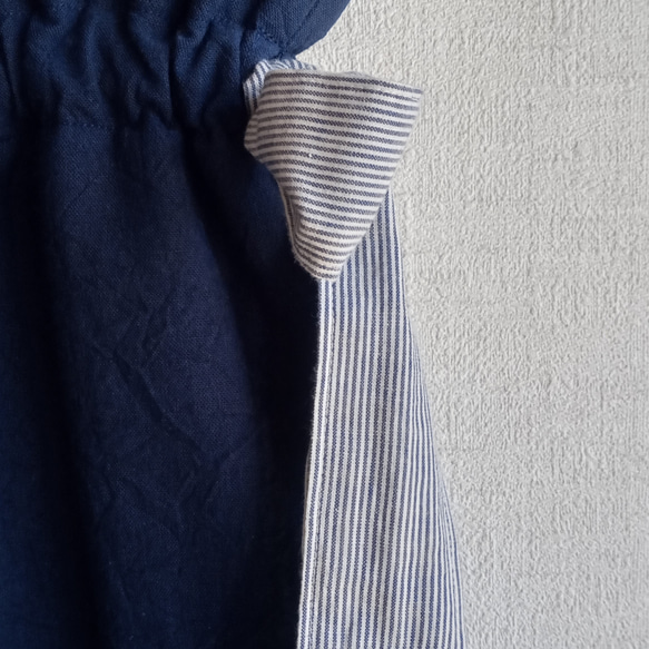 リボンの巾着トートバッグ／2wayバッグ(ネイビー・綿麻キャンバス　ハンドワッシャー) 3枚目の画像