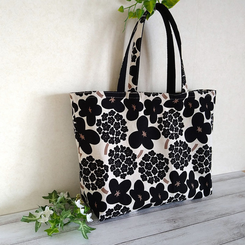 北欧花柄 軽くて洗えるエコバッグ モノトーン コットン サブバッグ