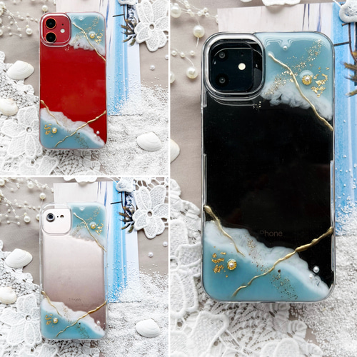 ニュアンス 波打ち際のちいさい貝がら キラキラ スマホケース