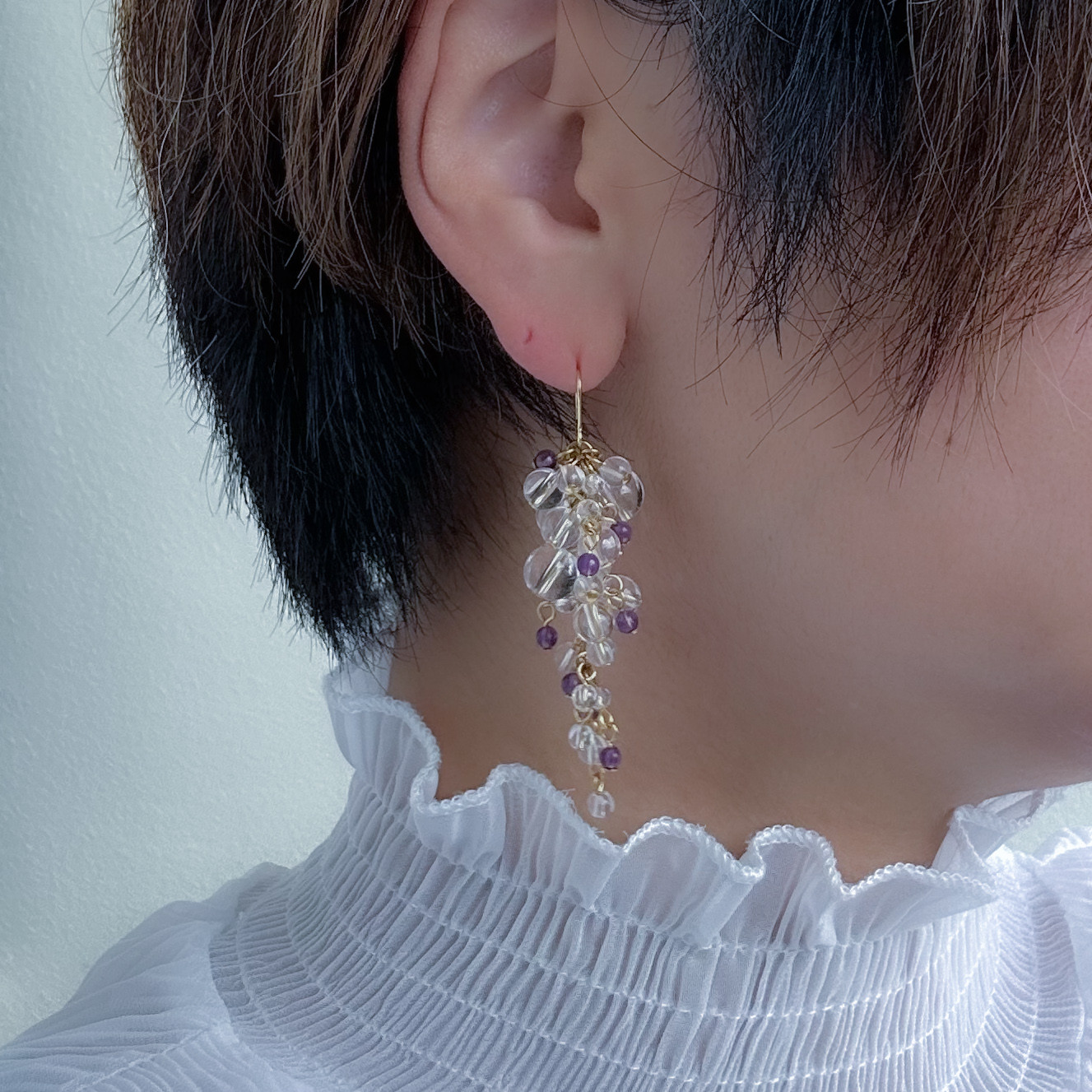 【紫】クリスタル＆アメジストピアス 大人おしゃれ 色っぽい イヤリング 天然石 大ぶり