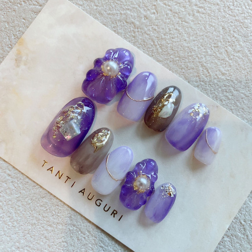 紫 パープル 3D 和風 和装結婚式 成人式 振袖 ネイルチップ 和服 着物