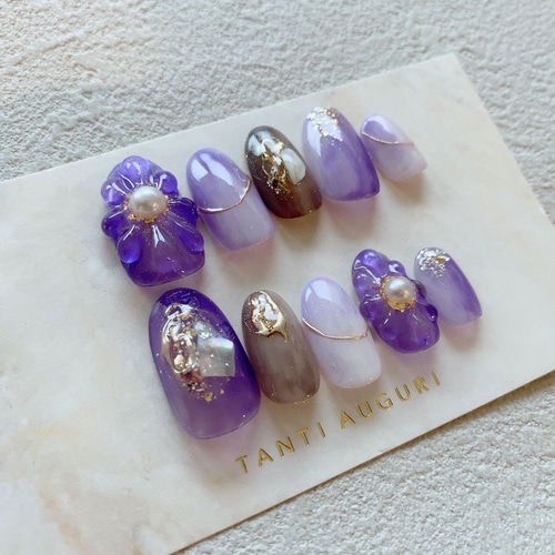 紫 パープル 3D 和風 和装結婚式 成人式 振袖 ネイルチップ 和服 着物