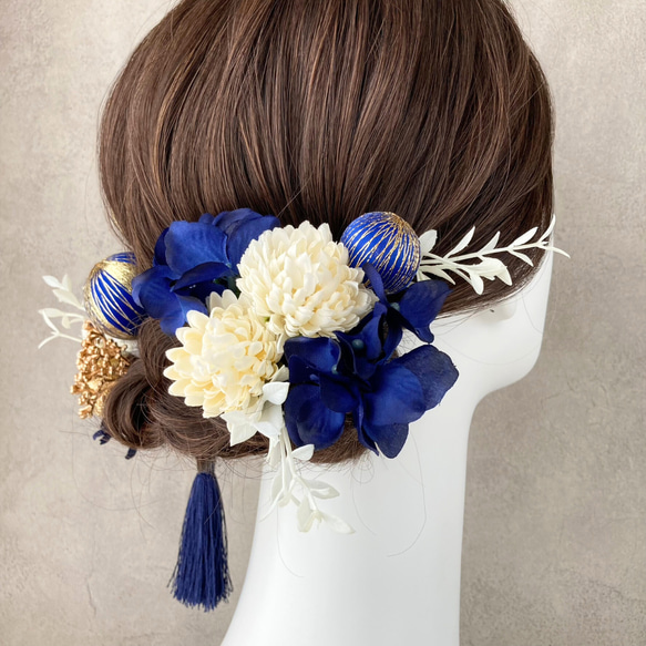 髪飾り　成人式　卒業式　結婚式　青　ピンポンマム　和玉　水引　紫陽花　タッセル　花　振袖　和装　袴　KA-23025B 2枚目の画像