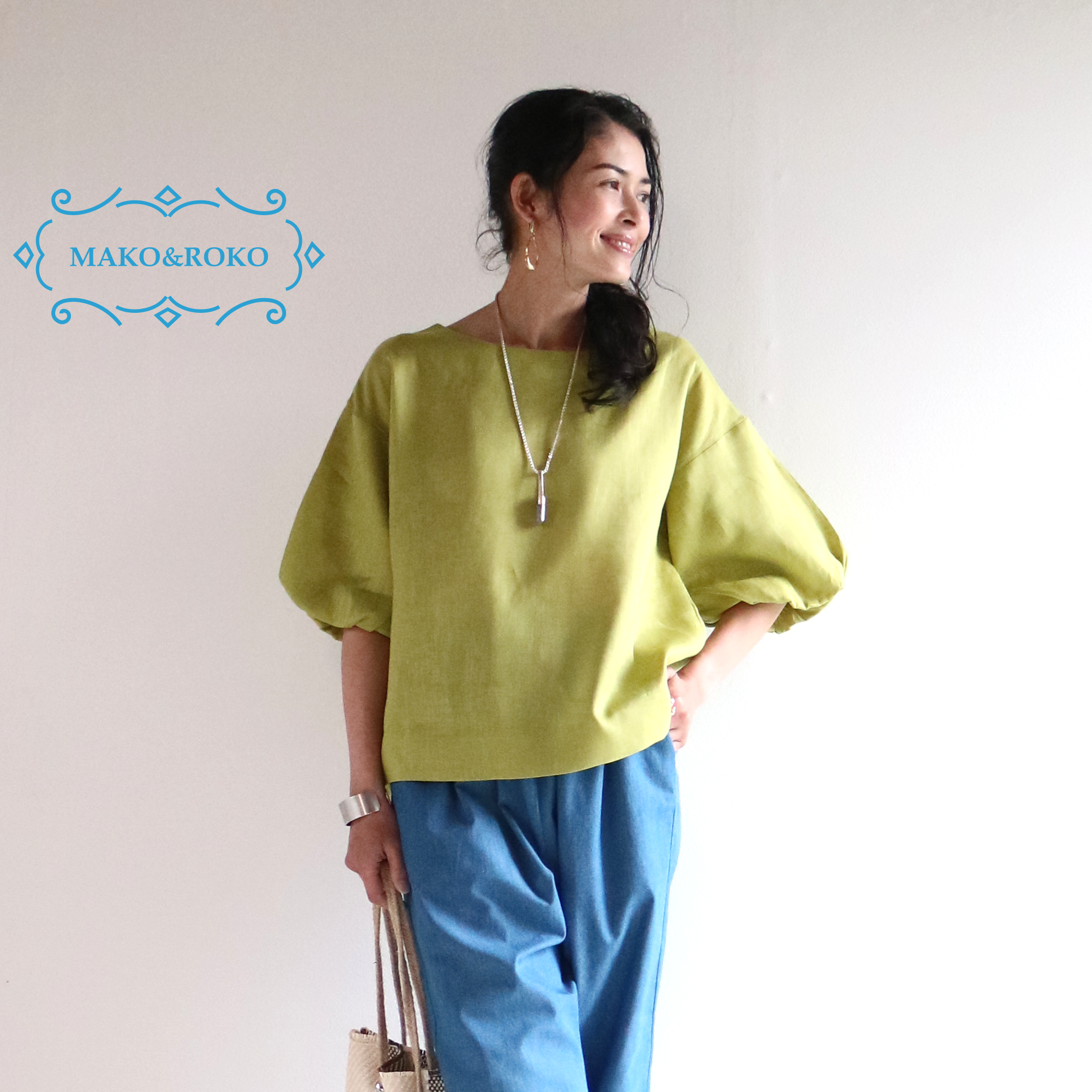 冷感【イエローグリーン】ひんやりリネン100%バルーンスリーブプルオーバー♥︎