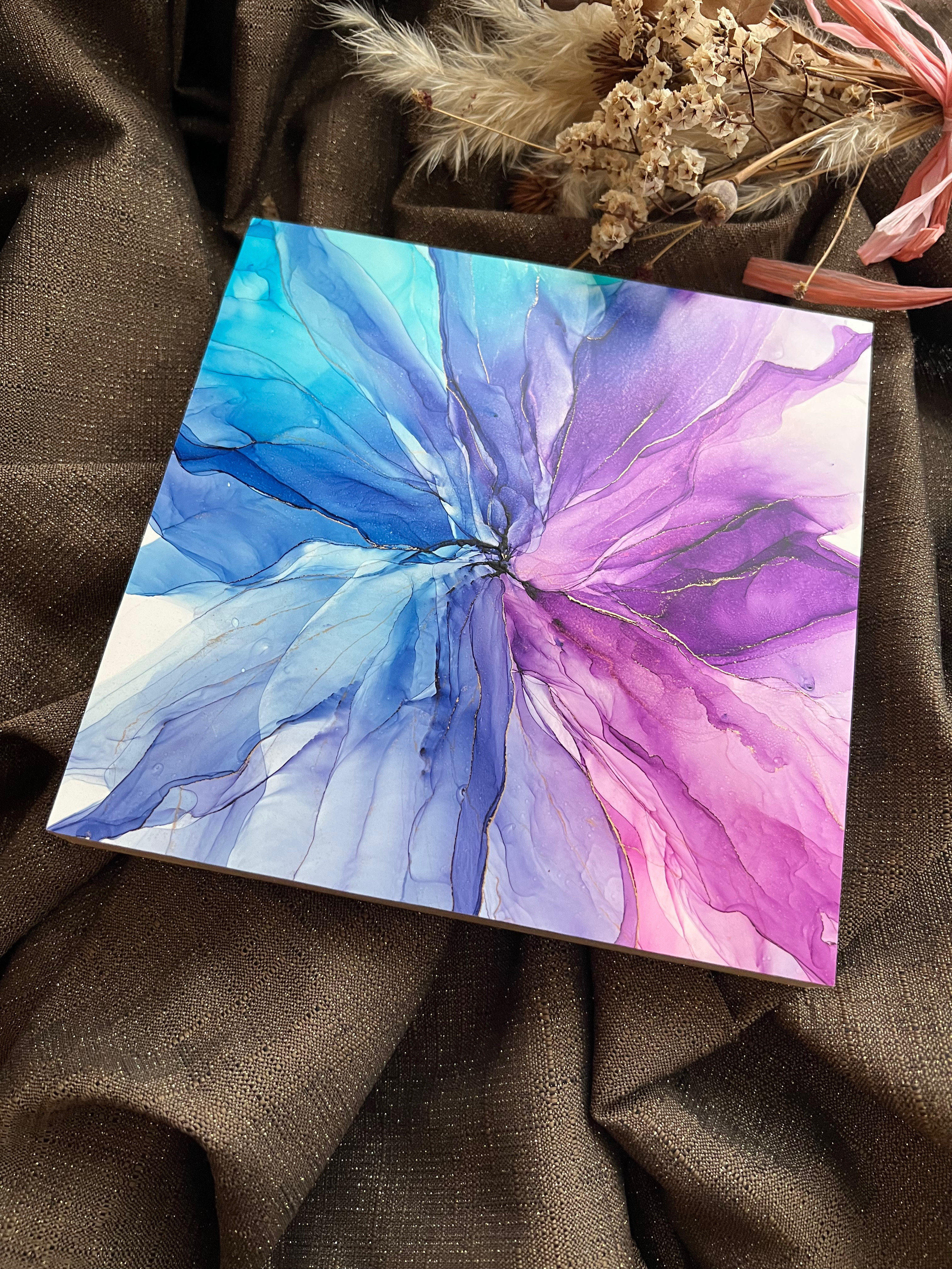 アルコールインクアート　ピンク　紫　黄色　レジン　パネル　木製　29.6×21
