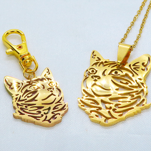 【再販×3】ゴールドカラー リアルな猫フェイスモチーフのキーホルダー ダイカット ステンレス 金具変更可 2枚目の画像