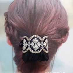 大人可愛いリボン半月アーチバナナクリップ☆レース刺繍リボン×ミンクファー 大人可愛いリボン半月アーチバナナクリップ☆レース刺繍リボン×ミンク