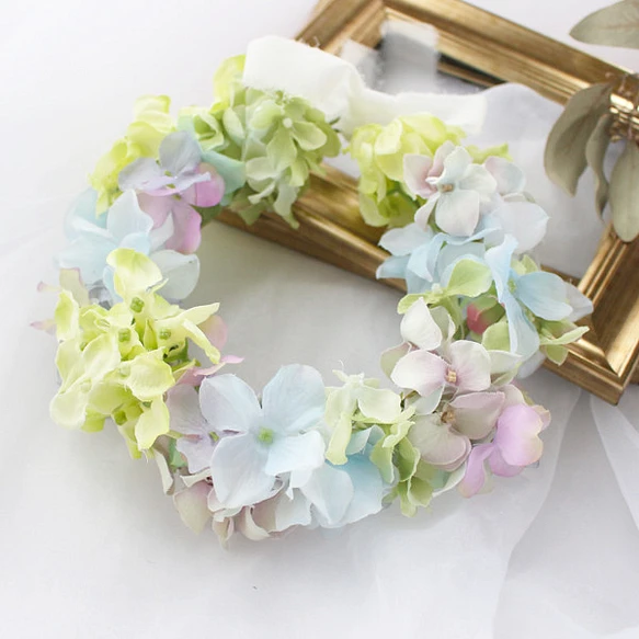 紫陽花様ご検討用＊花冠おリボンイメージ 紫陽花の花冠* ベビー • キッズ花かんむり パープル × ブルー NO