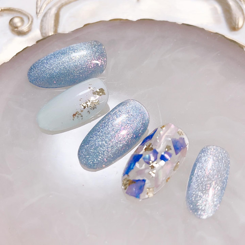 no.642]淡いブルーパープルのシェルネイル/ブライダル/普段使い/旅行