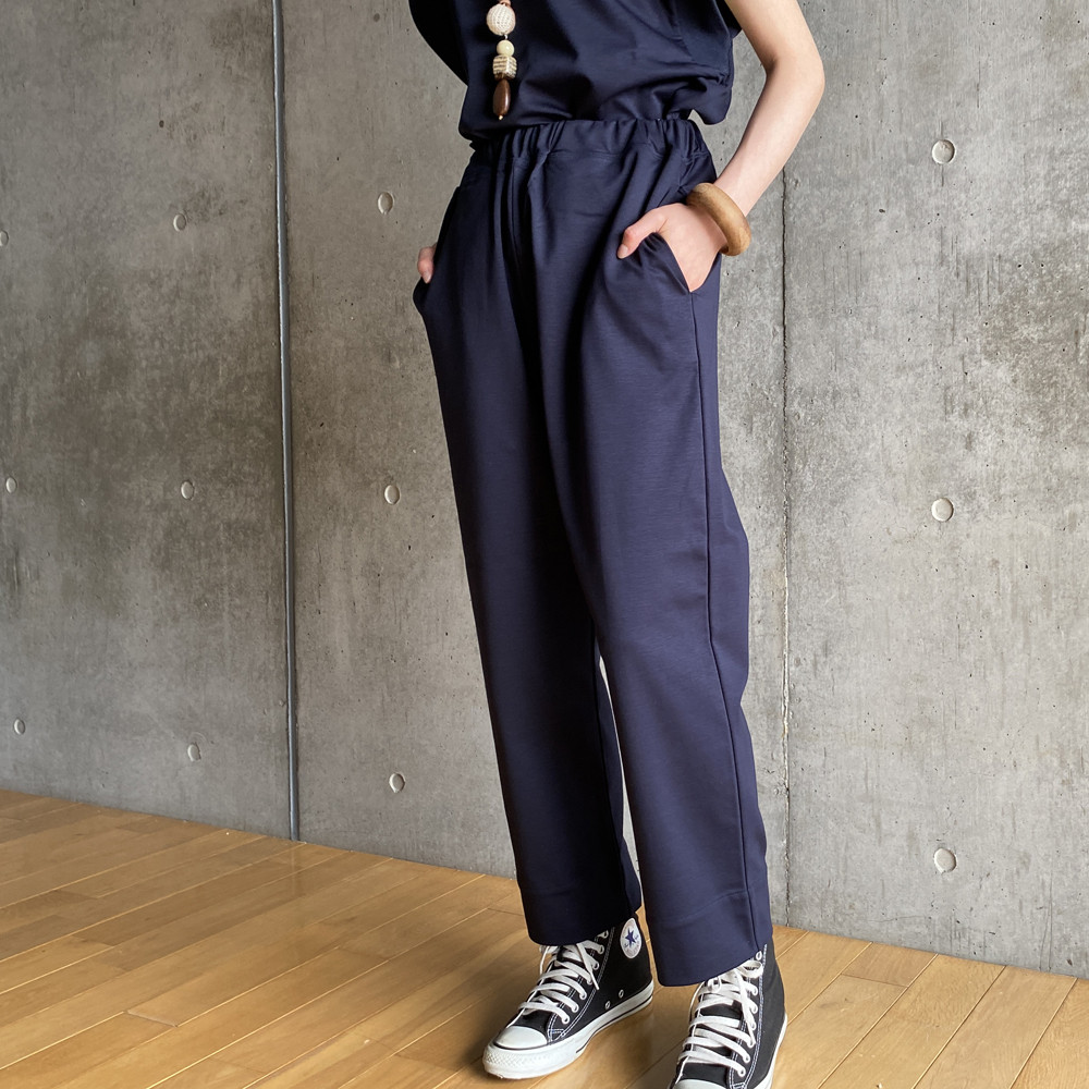 コットンポンチ＿ウエストゴムテイパードパンツ＿ネイビー