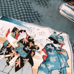 粋な裏付き作務衣 人物 風景柄 ハーフ 着物リメイク 紺 和装 和柄 アウター 男女兼用 男性 女性 (N5504) 2枚目の画像