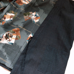 粋な裏付き作務衣 人物 風景柄 ハーフ 着物リメイク 紺 和装 和柄 アウター 男女兼用 男性 女性 (N5504) 13枚目の画像