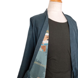 粋な裏付き作務衣 人物 風景柄 ハーフ 着物リメイク 紺 和装 和柄 アウター 男女兼用 男性 女性 (N5504) 10枚目の画像