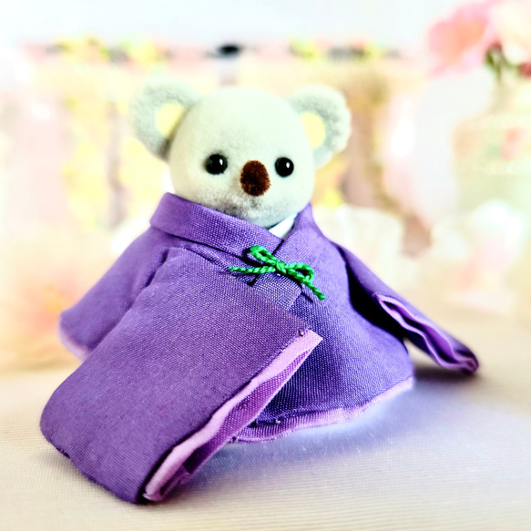 573 小さな着せ替えお着物〈赤ちゃん〉絹地産着　藤紫色に藤色かさね【襟仕様変更】 1枚目の画像