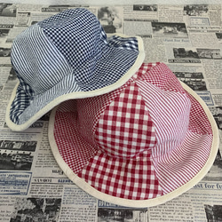 幼児向けチューリップ帽（ブルー・青　チェック・ストライプ） 3枚目の画像