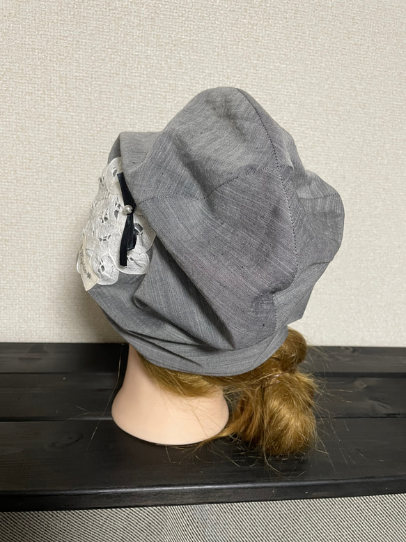 C-23❤︎ライトグレー✖️バテンレース❤︎ ケア帽子　オシャレ帽子　医療用帽子 6枚目の画像