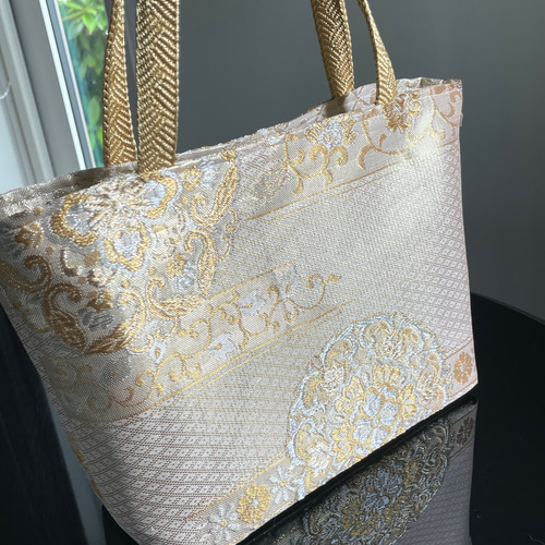 帯リメイクバッグ ゴールドの華文様 ミニトートバッグ 和装バッグ