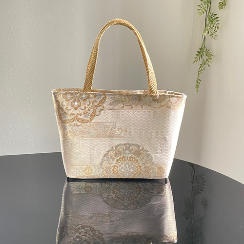 帯リメイクバッグ ゴールドの華文様 ミニトートバッグ 和装バッグ