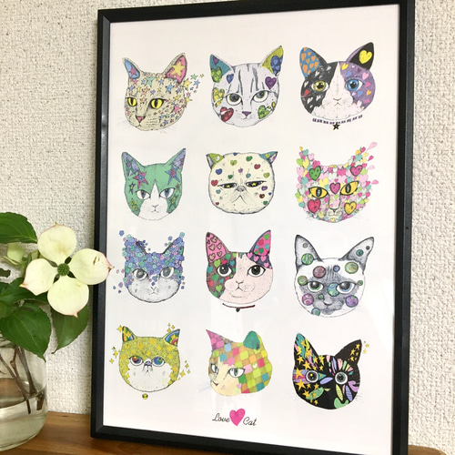 Love♡cat 12匹の猫さん アートポスター イラスト A4/B4/A3サイズ