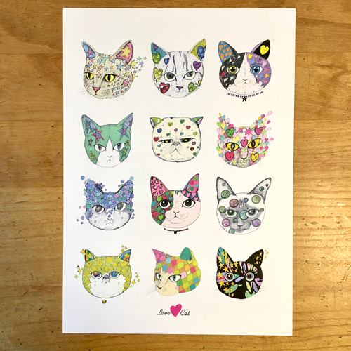 Love♡cat 12匹の猫さん アートポスター イラスト A4/B4/A3