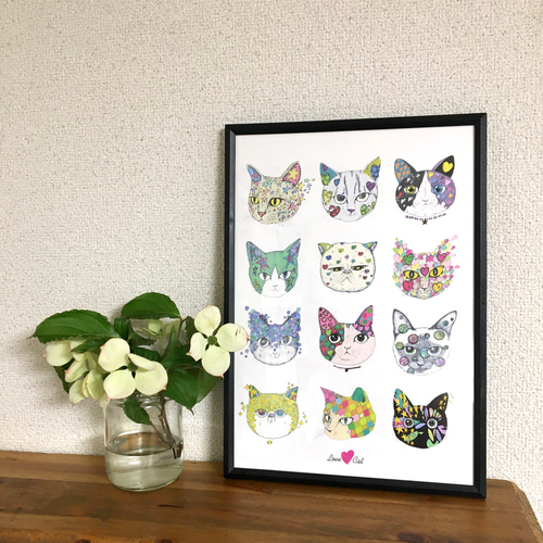 Love♡cat 12匹の猫さん アートポスター イラスト A4/B4/A3