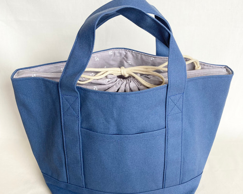 倉敷帆布 巾着付き トートバッグ ブルー トートバッグ Bloom