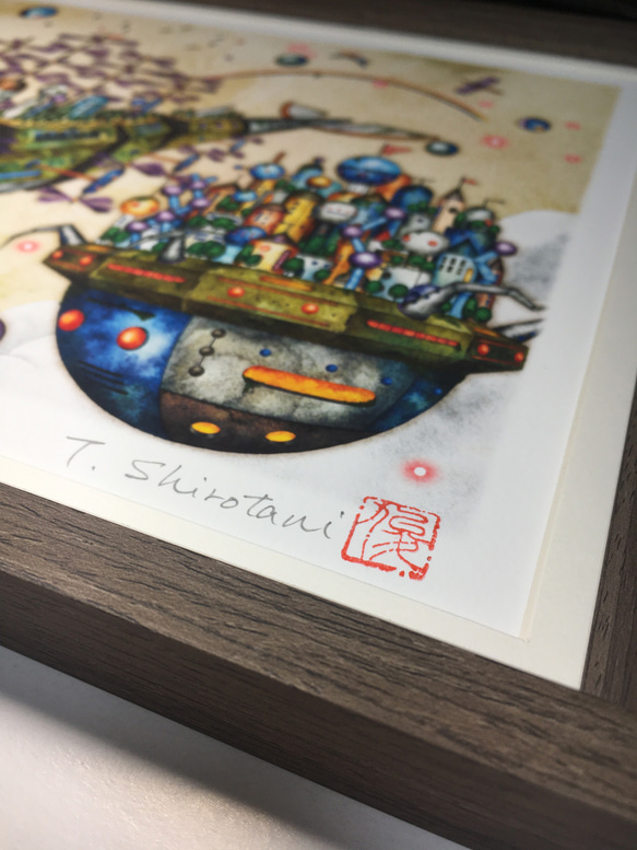 『クジラ型飛行船と浮遊都市』額装デジタル版画（A4サイズ）ホームデコレーション　インテリア 6枚目の画像