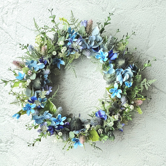 ブルースターと紫陽花とエリンジウムのリース・約37cm『Creema限定  