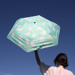 防紫外線折疊傘，繡球花，薄荷綠，99.9% 防紫外線，晴天或雨天都可以使用 163424 遮陽傘，雨傘竹柄 第1張的照片