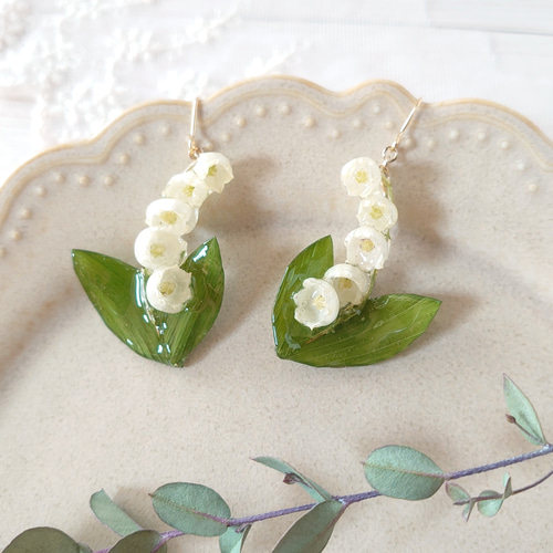 すずらんドライフラワーのピアス／イヤリングNo.21 ピアス（フック