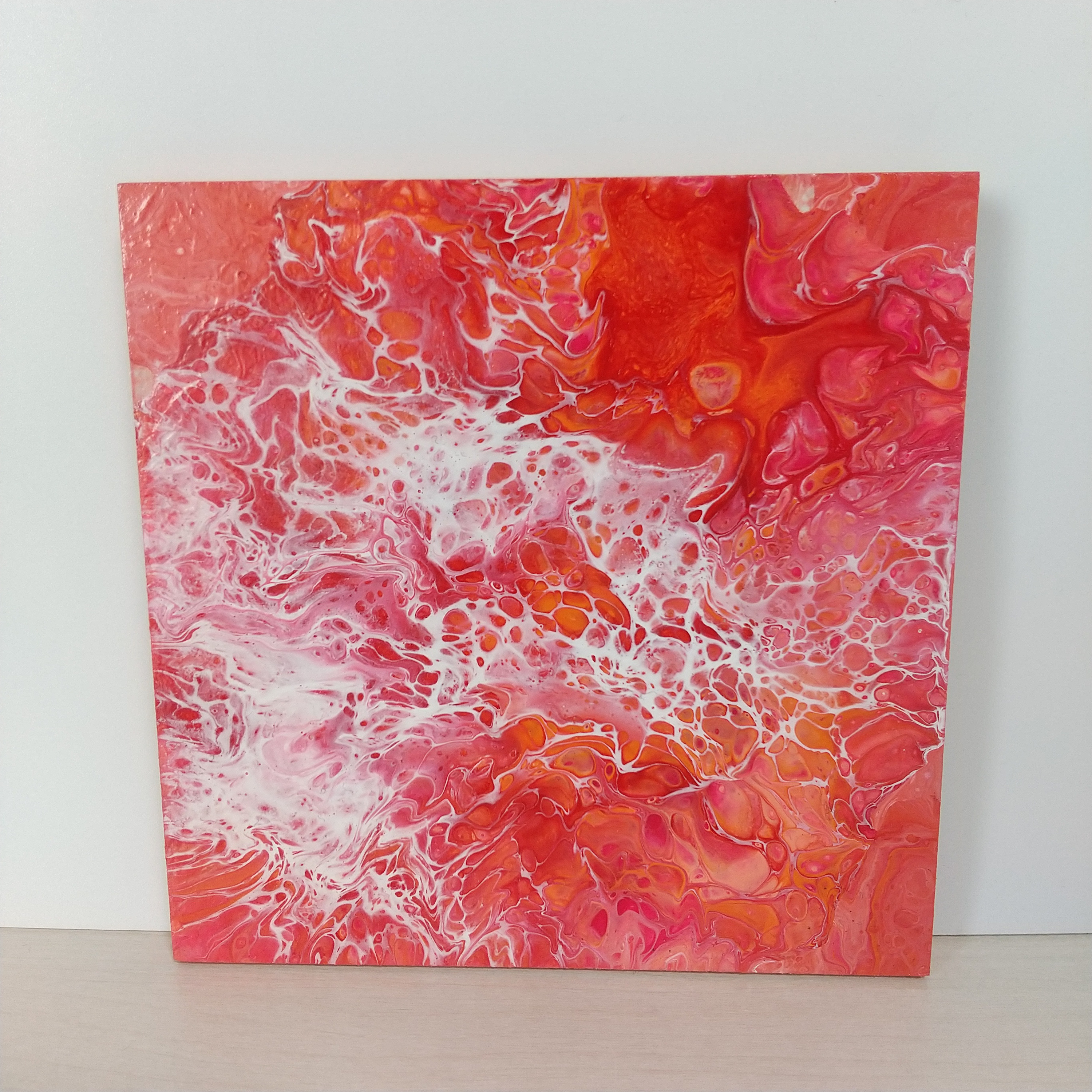 原画 ピンク 赤 白 ポーリングアート フルイドアート 抽象画