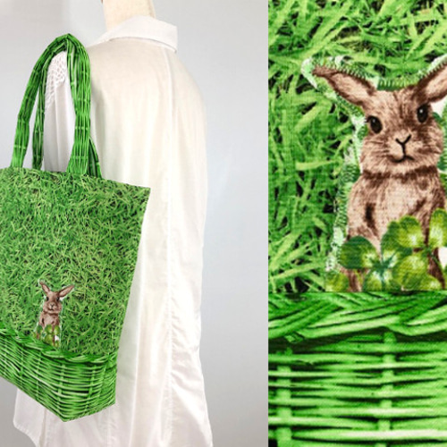 フェイクかごバッグ ふわふわ持ち手 芝生うさぎ 37×34×10 バスケット  