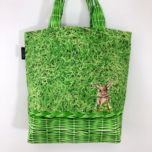 フェイクかごバッグ ふわふわ持ち手 芝生うさぎ 37×34×10 バスケット  