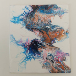 原画 青 ピンク オレンジ ポーリングアート フルイドアート 抽象画