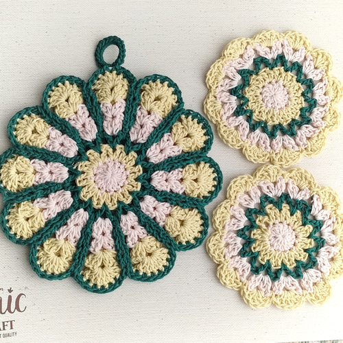 手刺繍 テーブルランナー ポットマット コースター セット ポットマット コースター ポットホルダー クロシェ編み モチーフ編み