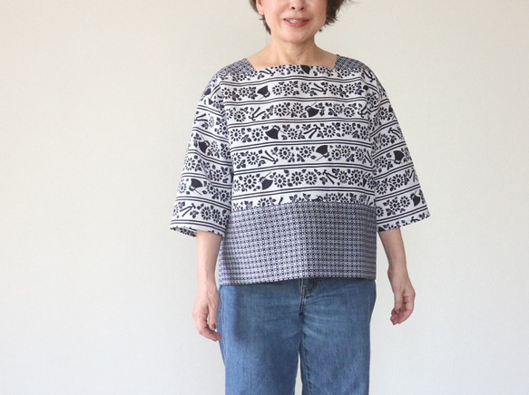SALE 浴衣 茄子紺と白 Tブラウス 着物リメイク ハンドメイド