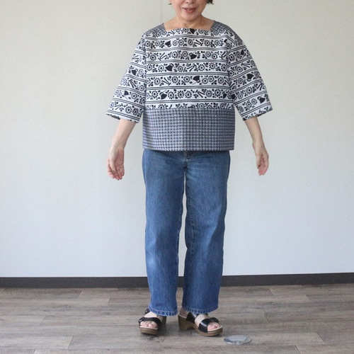 着物リメイク 斧琴菊と格子浴衣合せスクエアネックTブラウス