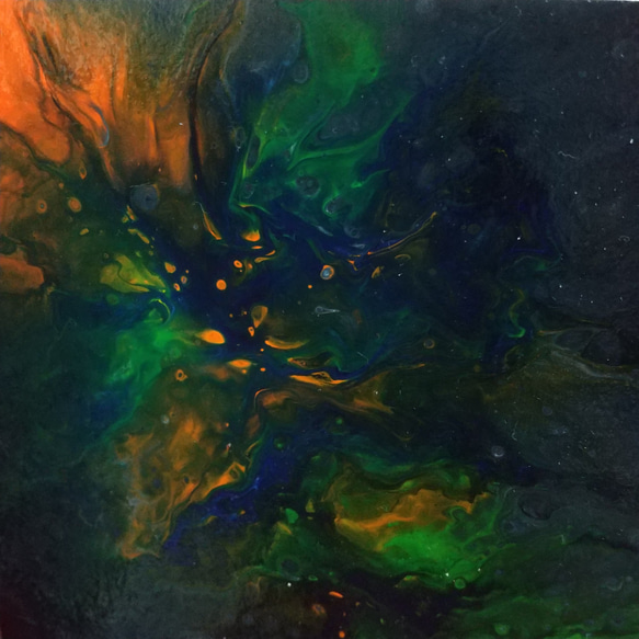 原画　黒　緑　オレンジ　ポーリングアート　フルイドアート　抽象画　オリジナルアート　インテリア　NO.177 2枚目の画像