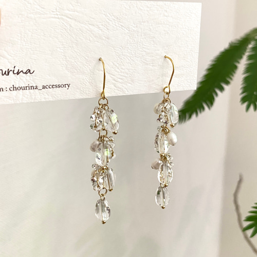 チェコガラスクリア シャンデリアゴールドフープ☞ハンドメイド ピアス