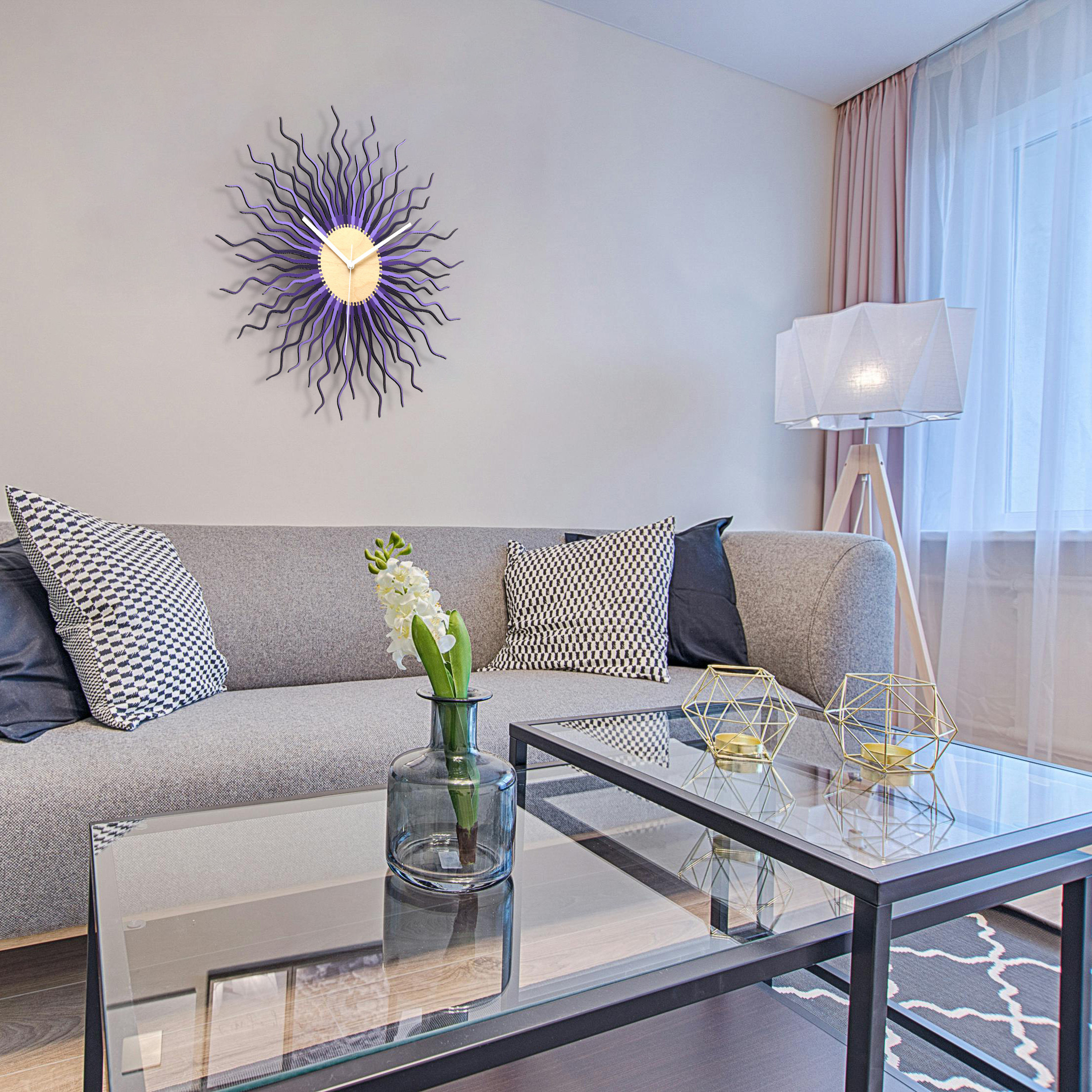 木製ウォールクロックMedusaパープル - 41/ 59 / 98cm紫色のモダンなオーガニックウォールクロック