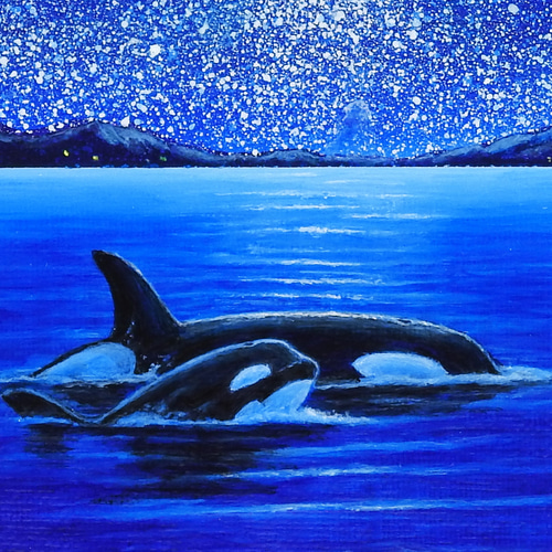 原画【 ぬくもり 】アクリル水彩画 フィンガーアート シャチ