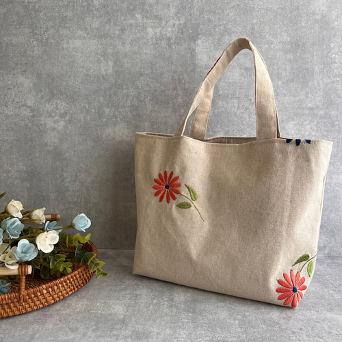 国内配送★セザンヌ フリル 花柄刺繍 コットン トートバッグ セール】ボタニカル刺繍 フラワー ステッチ ソフト トートバッグ