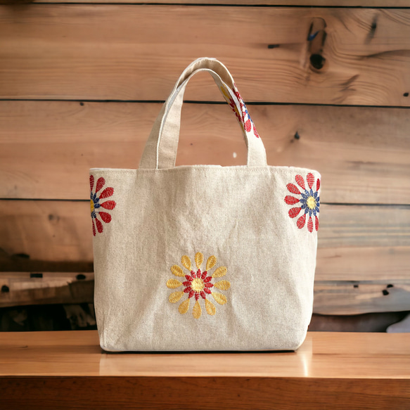 インド生地 フラワー 刺繍のナチュラルトートバッグ トート