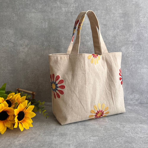 インド生地 フラワー 刺繍のナチュラルトートバッグ トート